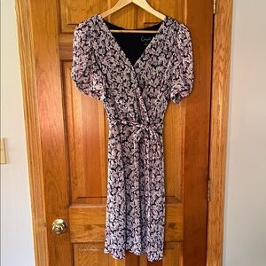 Connected Apparel Black and Pink Floral Midi Dress